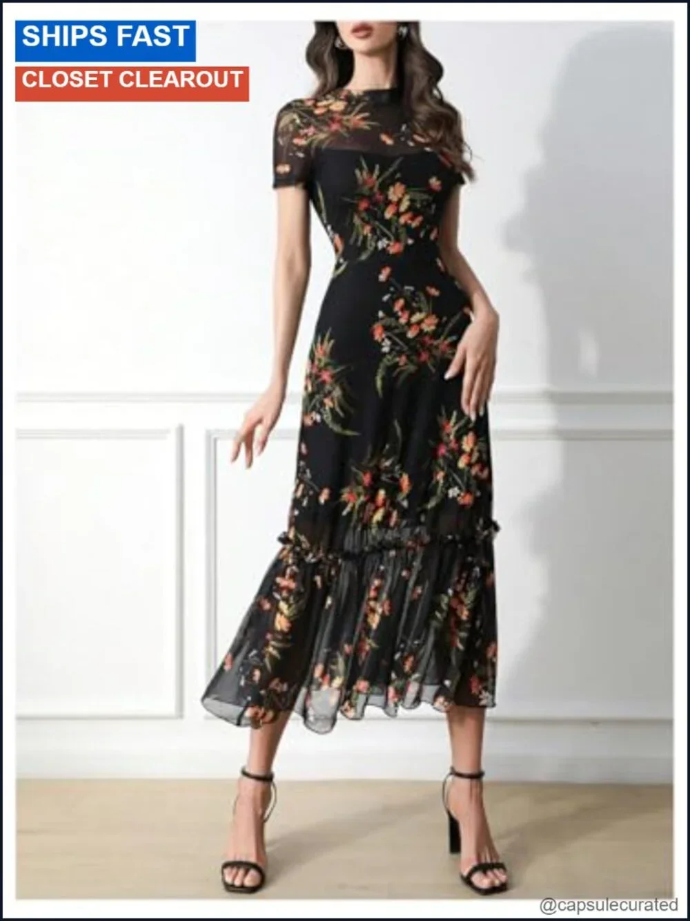 Verdusa Floral Mesh Overlay Bodycon Dress with Mock Neck and Ruffle Hem